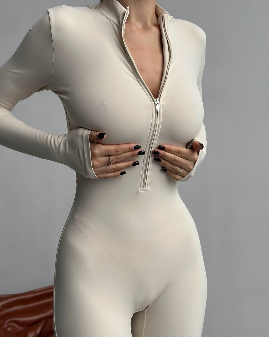 Nova Zip-Front Long-Sleeve Jumpsuit in Ivory