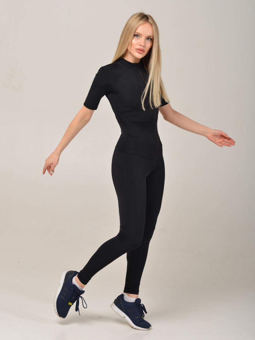 Streamline Short-Sleeve Zip-Up Jumpsuit in Black