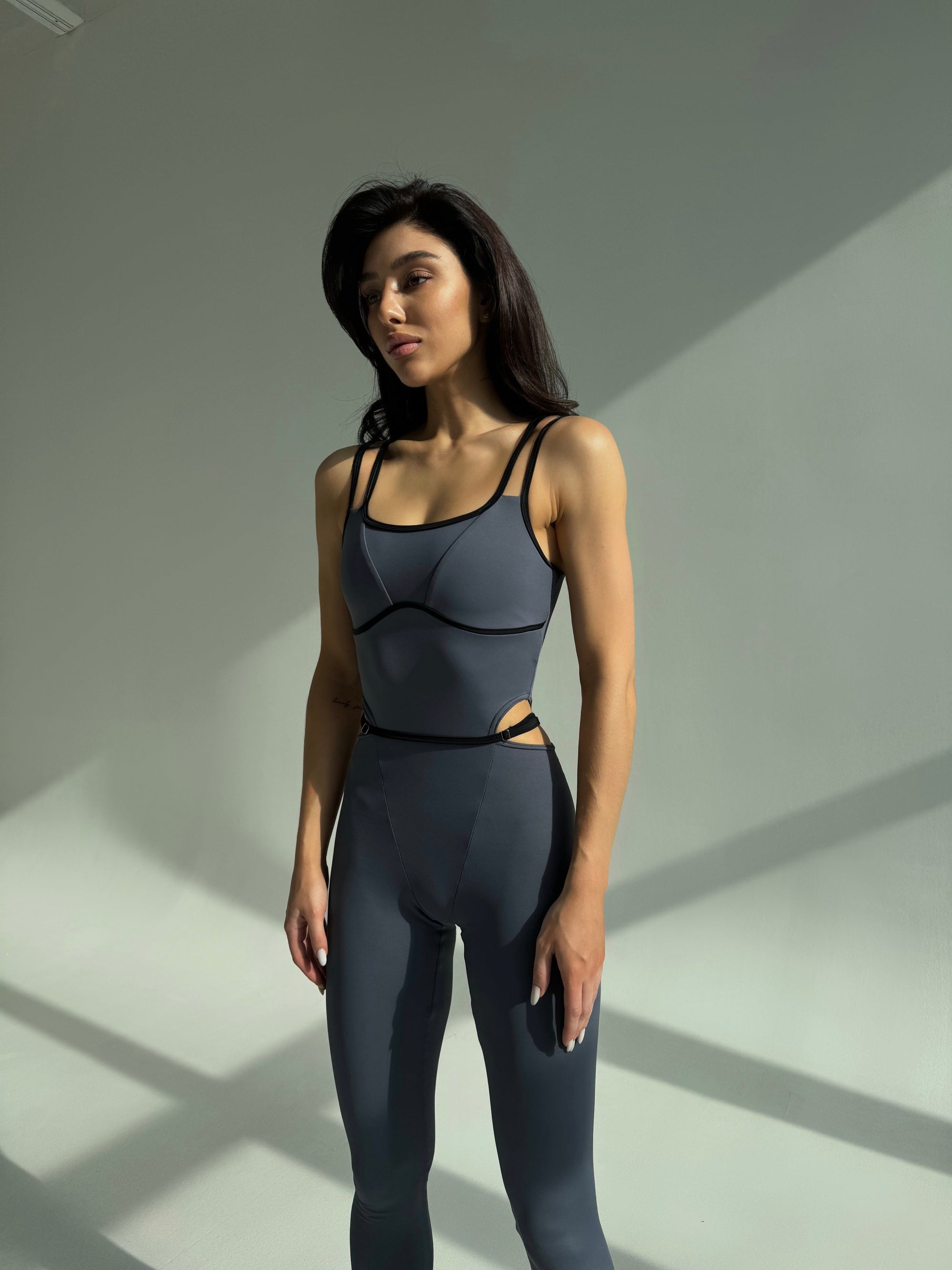 Elabria Strappy Contour Cut Out Unitard Jumpsuit in Gray