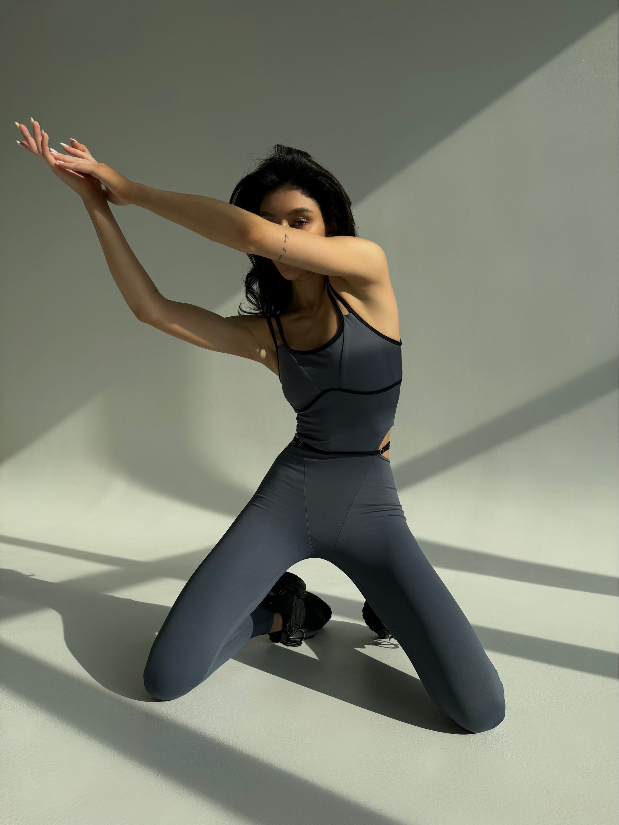 Elabria Strappy Contour Cut Out Unitard Jumpsuit in Gray