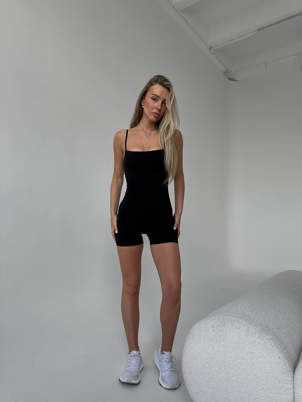 Pantera Open-Back Scrunch Short Jumpsuit in Black