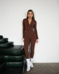 Nova Zip-Front Long-Sleeve Jumpsuit in Brown