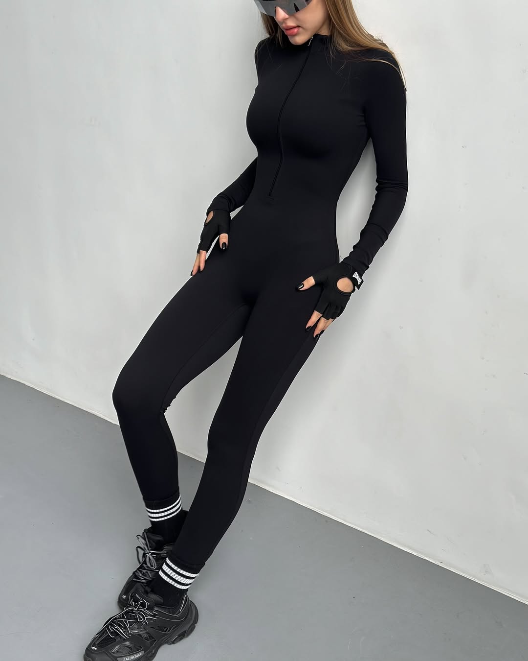 Elabria Zip-Front Long-Sleeve Jumpsuit in Black