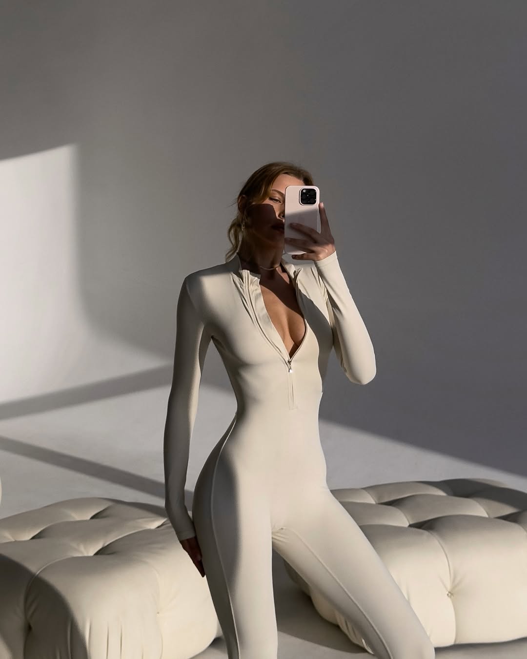 Elabria Zip-Front Long-Sleeve Jumpsuit in Ivory